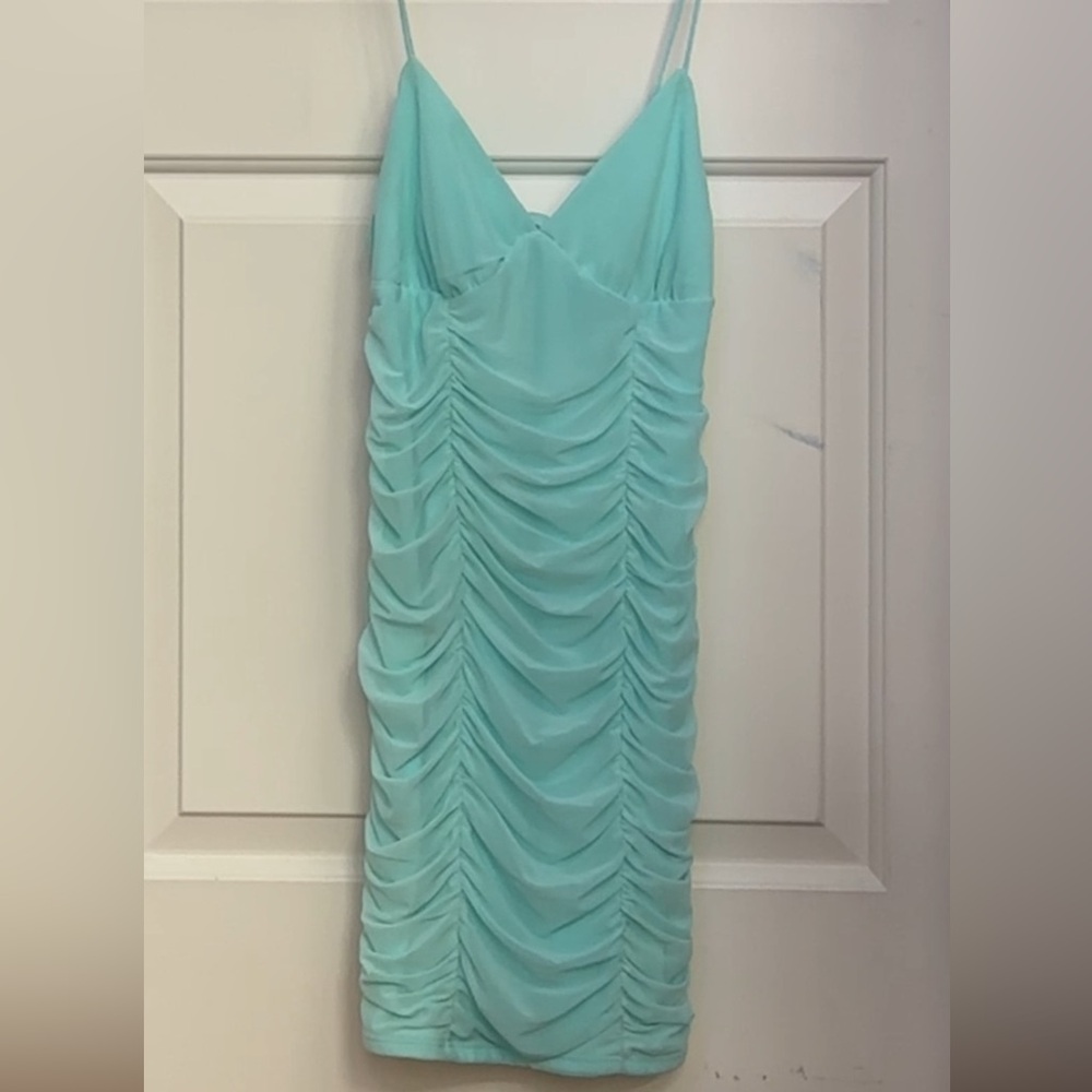 Teal ruched mini dress